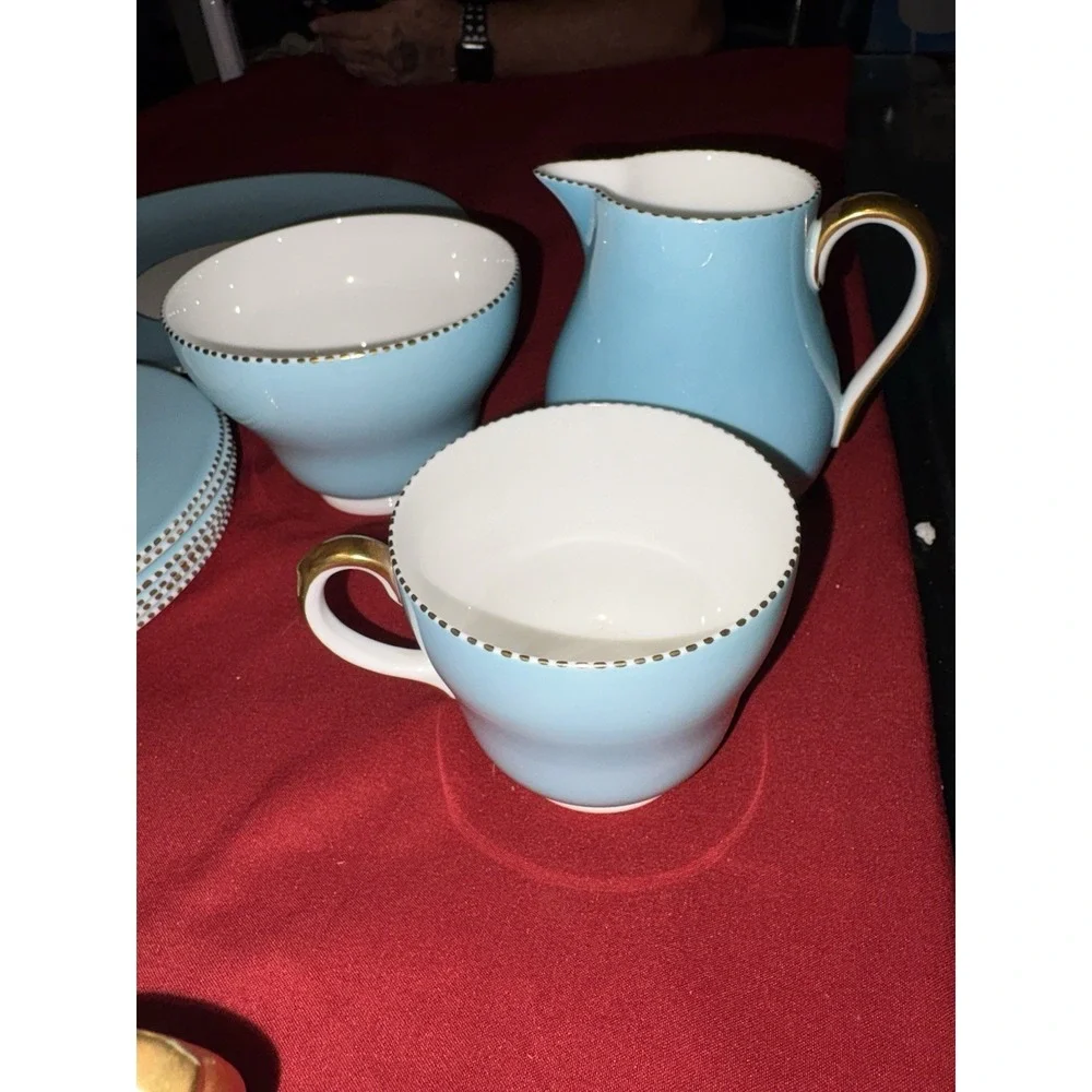 Wedgwood W4143 Sky Blue Gold Beaded Tea Set Fine Bone China England - 20 Pcs